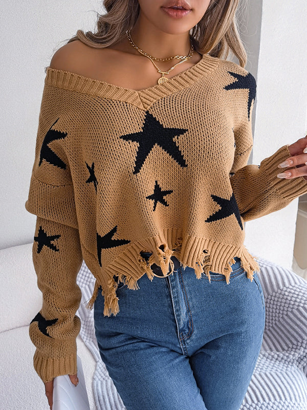 flowersverse Contrast Color Fringed Split-Joint Long Sleeves Loose V-Neck Sweater Tops