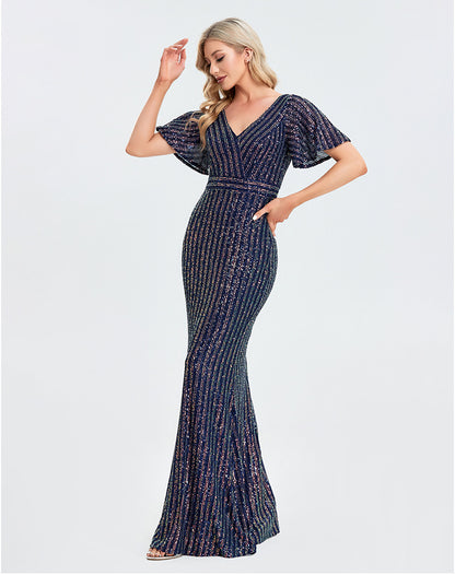 flowersverse Short Sleeve Ruffle Elastic Maxi Dress Shiny Sequins Double V Neck Women's Floor-Member Mermaid Evening Gown