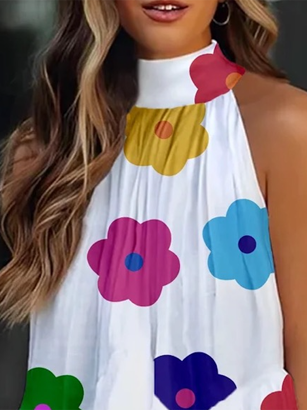 flowersverse Loose Sleeveless Falbala Floral Printed Stand Collar Vest Top