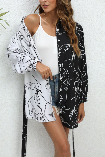 flowersverse Long Sleeves Loose Contrast Color Printed Split-Joint Tied Waist Lapel Mini Dresses Shirt Dress