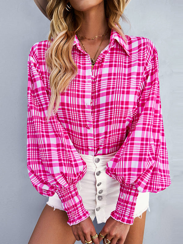 flowersverse Buttoned Contrast Color Elasticity Plaid Long Sleeves Loose Lapel Blouses&Shirts Tops