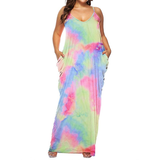 flowersverse Women's Plus Size Casual Dress Shift Dress Slip Dress Leaf Tie Dye Long Dress Maxi Dress Sleeveless Pocket Print Strap Fashion Daily Light Yellow White Spring Summer XL XXL 3XL