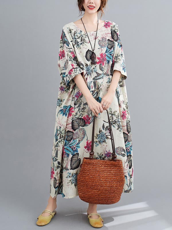 flowersverse Vintage Floral Round-Neck Dress