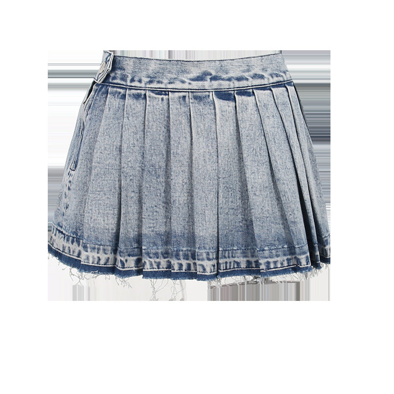 flowersverse Women High Waist Pleated Denim Skirt