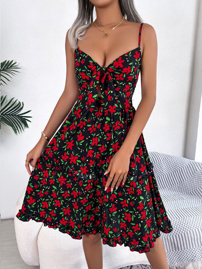 flowersverse Spring Summer Casual Floral Bow Ruffle Edge Strap Dress