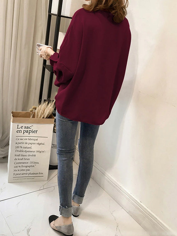 flowersverse Casual Long Sleeves Loose Solid Color V-Neck Blouses&Shirts Tops