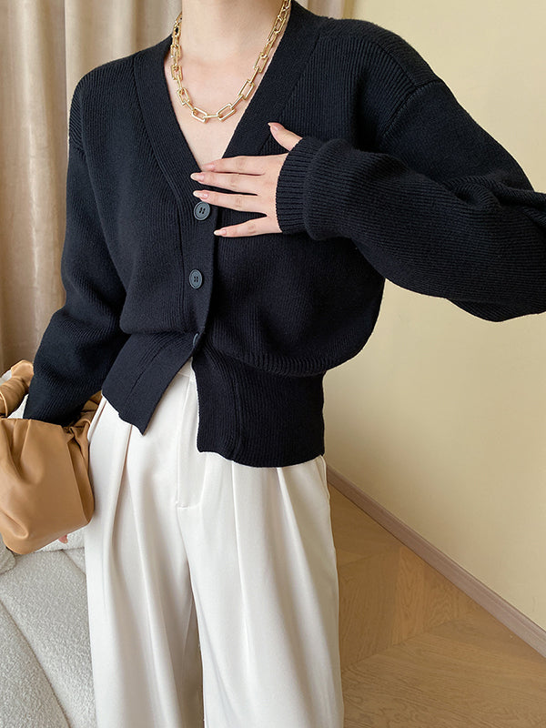 flowersverse Solid Color Long Sleeves Loose V-Neck Cardigan Tops