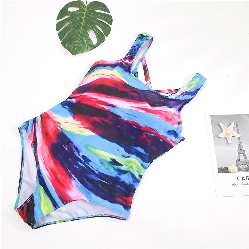 flowersverse Women's Swimwear One Piece Monokini Bathing Suits Plus Size Swimsuit Backless Modest Swimwear Tummy Control Printing for Big Busts Rainbow Blue Red Scoop Neck Bathing Suits New Vacation Fashion