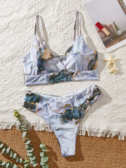 flowersverse Vacation Tie-Dye Pattern Printing V neck Bikinis Two-Piece Set