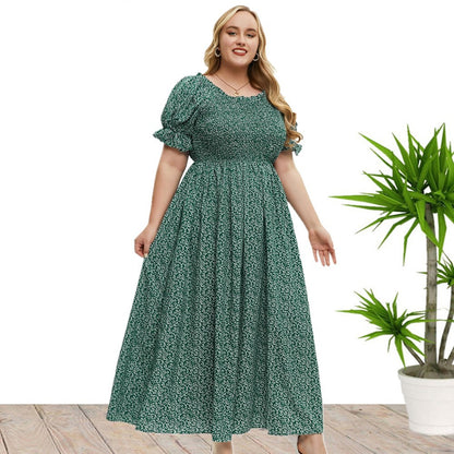 flowersverse Summer Fall Plus Size Women's Round Neck Dress