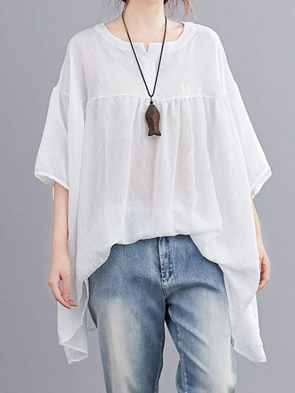 flowersverse Pleated See-Through Solid Color Half Sleeves Loose Round-neck Blouses&shirts Tops