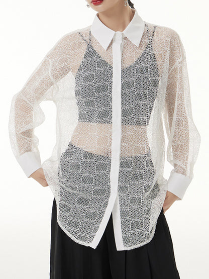 flowersverse Lacy See-Through Solid Color Long Sleeves Loose Lapel Blouses&shirts Tops