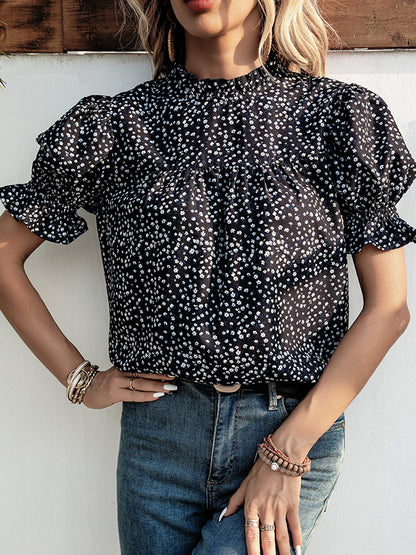 flowersverse Elastics Floral Printed Split-Joint Bishop Sleeve Stand Collar Blouses&Shirts Tops