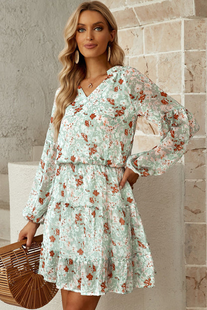 flowersverse Floral Frill Trim Puff Sleeve Notched Neck Dress