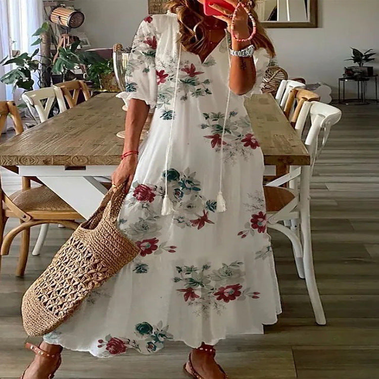 flowersverse Casual And Sweet Loose V-neck Printed Tassel Mid-sleeve Long Dress For Women