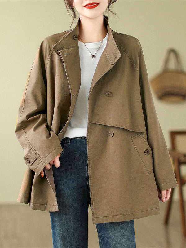 flowersverse Asymmetric Buttoned Pockets Solid Color Split-Joint Long Sleeves Loose Stand Collar Trench Coats Outerwear