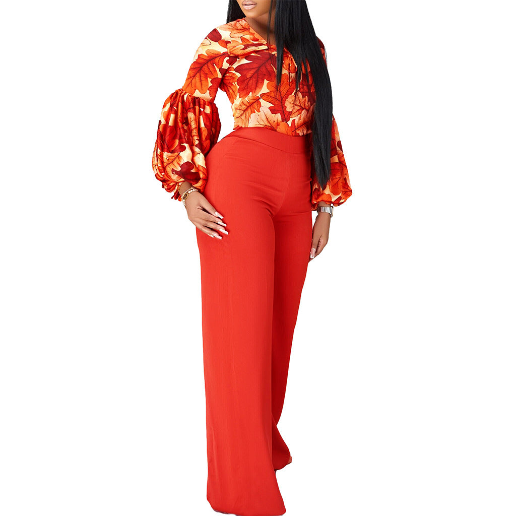 flowersverse Plus Size Women's Fashion Print Lace-Up Top Wide Leg Pants Two-Piece Set