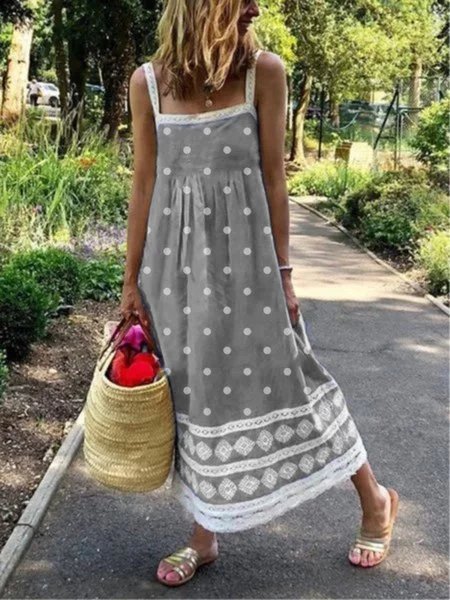 flowersverse Plus Size Women Sleeveless Polka Dots Casual Weaving Dress