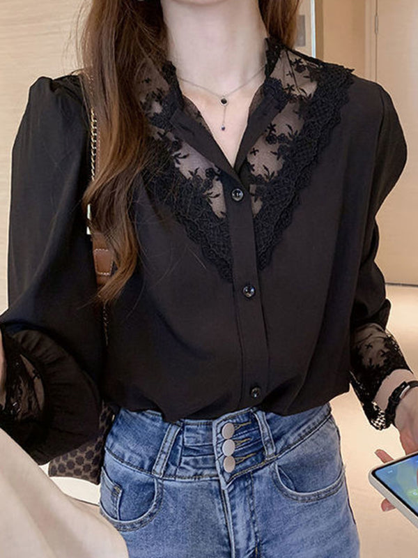 flowersverse Urban Black White Lace Split-Joint Hollow Blouse