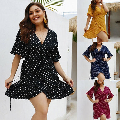 flowersverse Plus Size Women Summer High Waist Polka Dot Boho Beach Dress New Fashion Ladies Beach Dress Casual Short Sleeve V-Neck Sundress