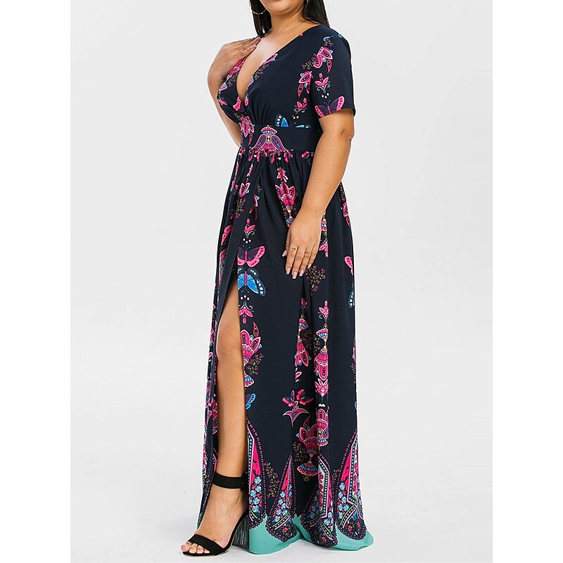 flowersverse Women's Plus Size Casual Dress A Line Dress Floral Butterfly Long Dress Maxi Dress Short Sleeve Split Print V Neck Basic Daily Black White Spring Summer XL XXL 3XL 4XL 5XL