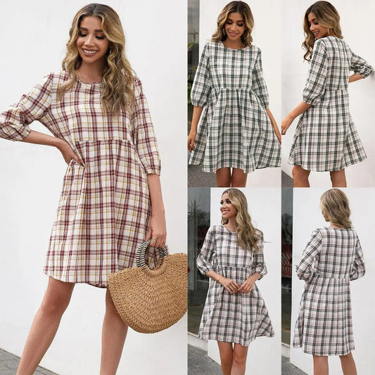 flowersverse Loose Casual Pullover Plaid Dress Women