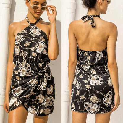 flowersverse Floral Backless Mini Dress Women Ladies Sleeveless High Waist Evening Party Summer Dress Fashion Slit Print Dress Sundress