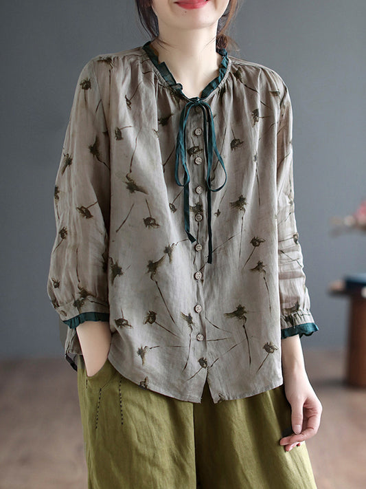 flowersverse Floral Printed Lace-Up Long Sleeves Loose Round-Neck Blouses&Shirts Tops