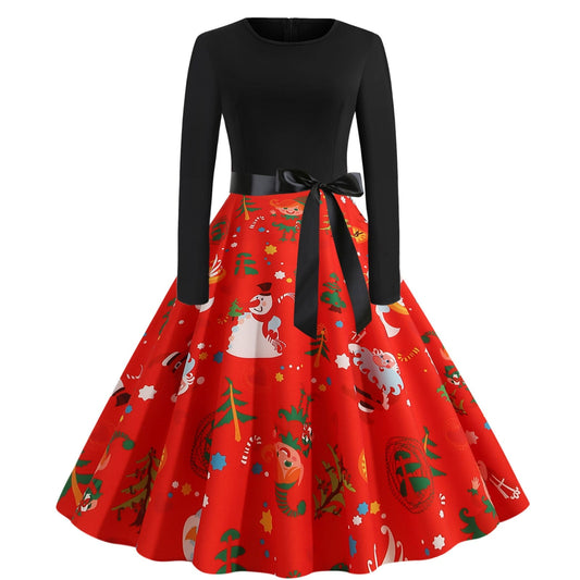 flowersverse Women's Dress Vestido Feminino Vintage Dresses Long Sleeve Christmas 1950s Housewife Evening Party Dress Sexy Woman Clothes Red