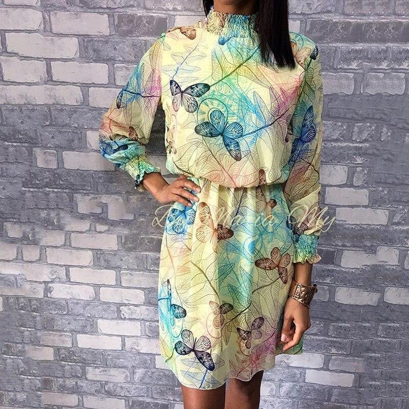 flowersverse Butterfly print chiffon dress Summer long sleeve pleated women dress Casual colorful print short sundress vestidos mujer