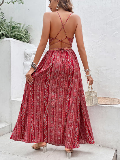 flowersverse Classic Chic Floral Paisley Printed Sweetheart Neck Split Maxi Dress