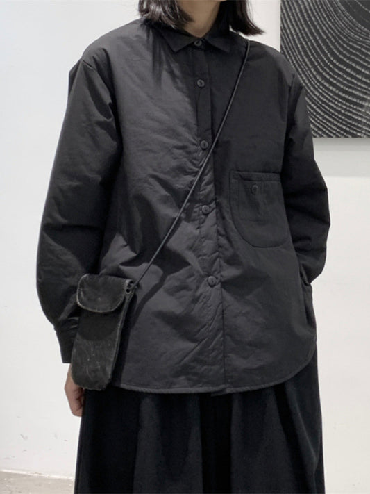 flowersverse Buttoned Pockets Quilted Solid Color Long Sleeves Loose Lapel Shirts Tops Outerwear