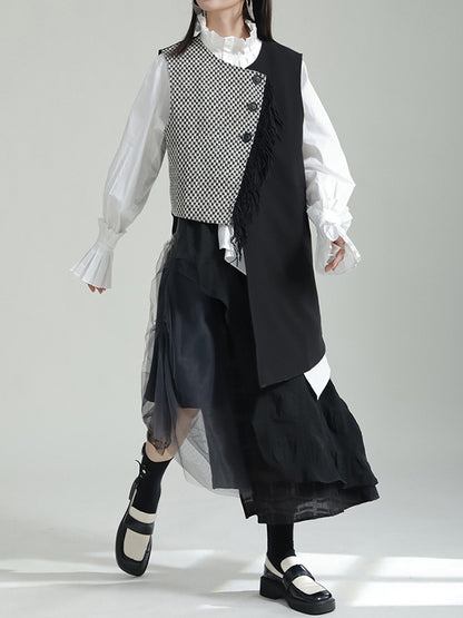 flowersverse Asymmetric Buttoned Houndstooth Ruffle Sleeves Sleeveless Vest Outerwear