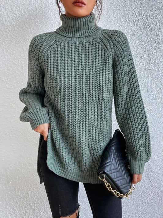 flowersverse Solid Color Split-side Long Sleeves Loose High Neck Sweater Tops Pullovers
