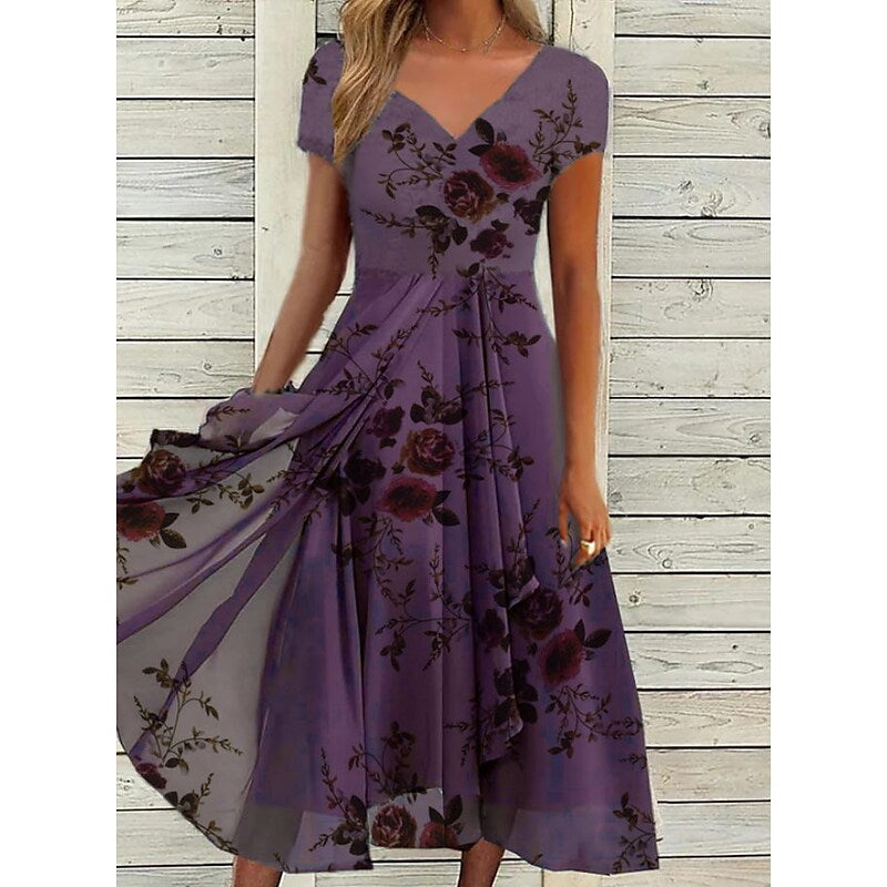 flowersverse Women's Casual Dress Chiffon Dress Midi Dress Navy Blue Purple Short Sleeve Floral Print Spring Summer V Neck Stylish  S M L XL XXL 3XL