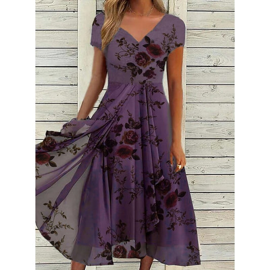 flowersverse Women's Casual Dress Chiffon Dress Midi Dress Navy Blue Purple Short Sleeve Floral Print Spring Summer V Neck Stylish  S M L XL XXL 3XL