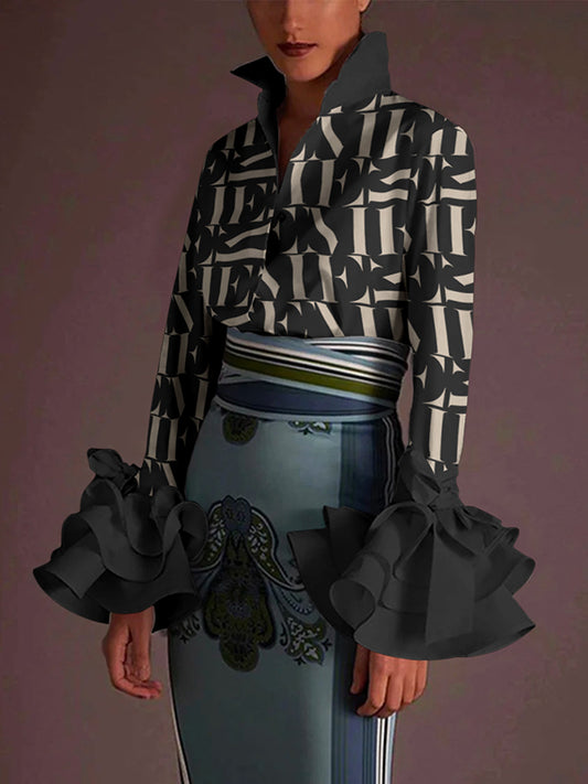 flowersverse Flared Sleeves Long Sleeves Buttoned Letter Print Lapel Blouses&Shirts Tops