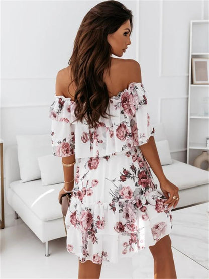 flowersverse Off-The-Shoulder Chiffon Print Commuter Waist Dress