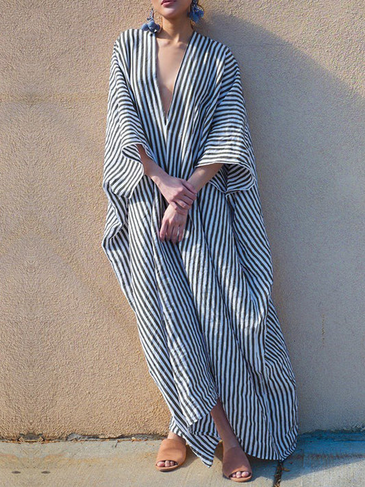 flowersverse Batwing Sleeves Loose Striped V-Back Deep V-Neck Maxi Dresses