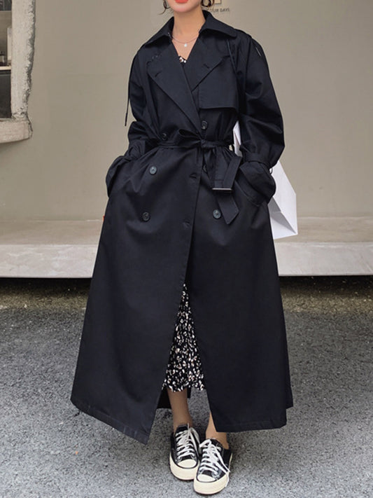 flowersverse Buckle Buttoned Solid Color Split-Back Long Sleeves Loose Lapel Trench Coats