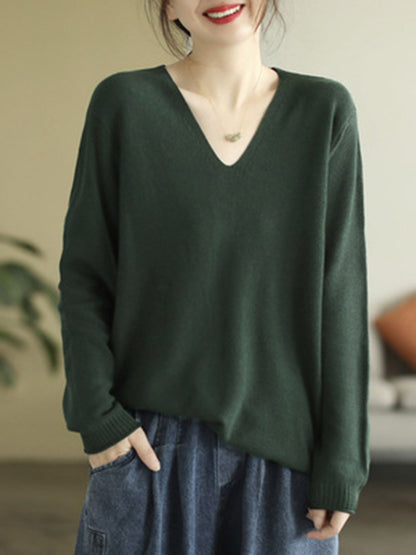 flowersverse Solid Color Long Sleeves Loose V-Neck Sweater Tops