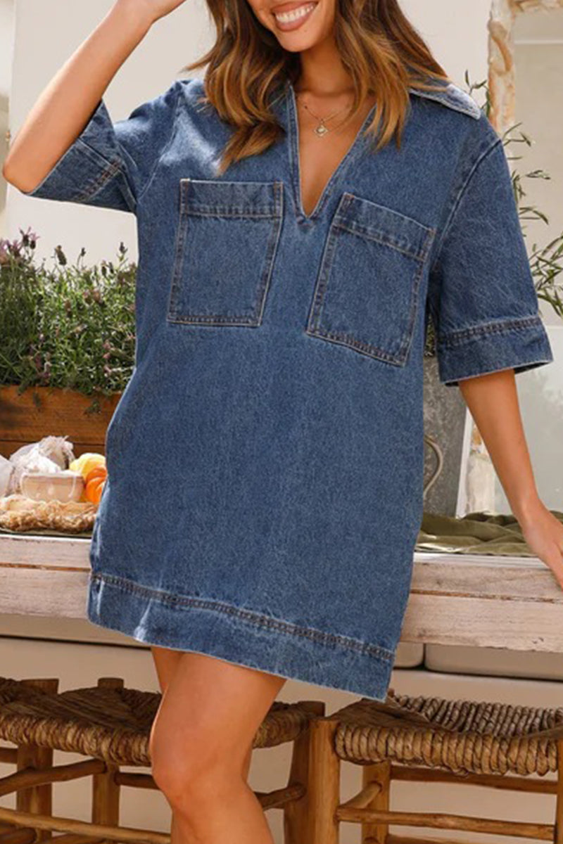 flowersverse Casual Simplicity Solid Pocket V Neck Short Sleeve Loose Denim Dresses YE9878