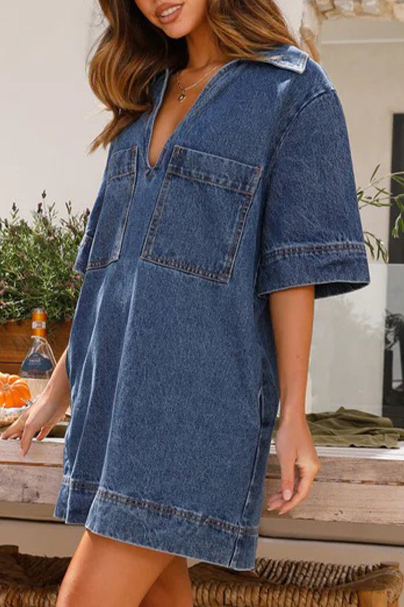 flowersverse Casual Simplicity Solid Pocket V Neck Short Sleeve Loose Denim Dresses YE9878