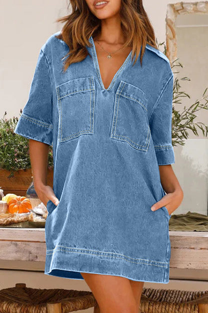 flowersverse Casual Simplicity Solid Pocket V Neck Short Sleeve Loose Denim Dresses YE9878