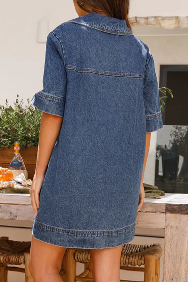 flowersverse Casual Simplicity Solid Pocket V Neck Short Sleeve Loose Denim Dresses YE9878