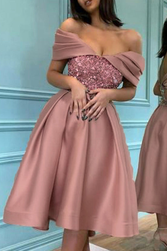 flowersverse Sexy Formal Solid Sequins Off the Shoulder Princess Dresses RH8522