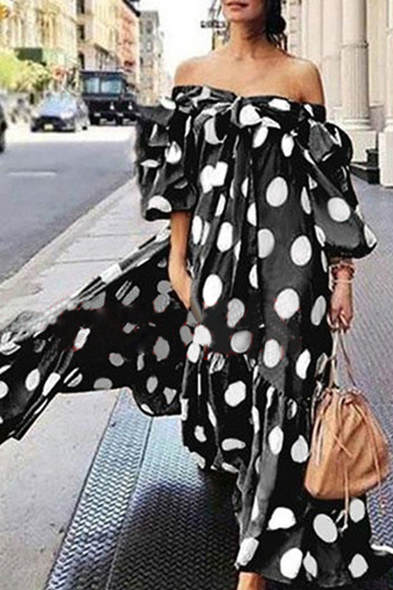 flowersverse Street Elegant Polka Dot Printing Off the Shoulder Printed Dress Dresses RH8526