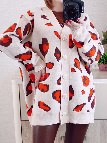 flowersverse Animal Prints Buttoned Long Sleeves Loose V-Neck Cardigan Tops