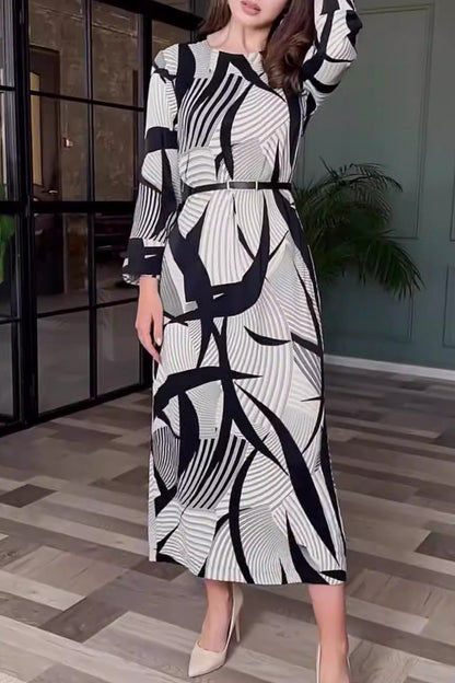 flowersverse Elegant Striped Print With Belt Zipper O Neck A Line Dresses RE5235