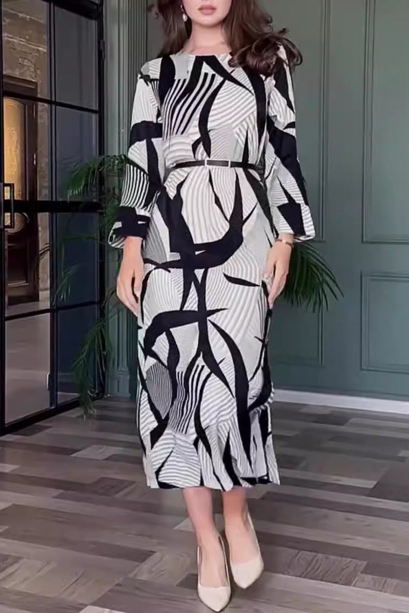 flowersverse Elegant Striped Print With Belt Zipper O Neck A Line Dresses RE5235